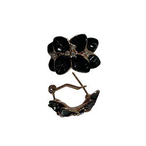 Black Enamel Flower Earrings 18K Gold Plated Leverback Rhinestones Elegant